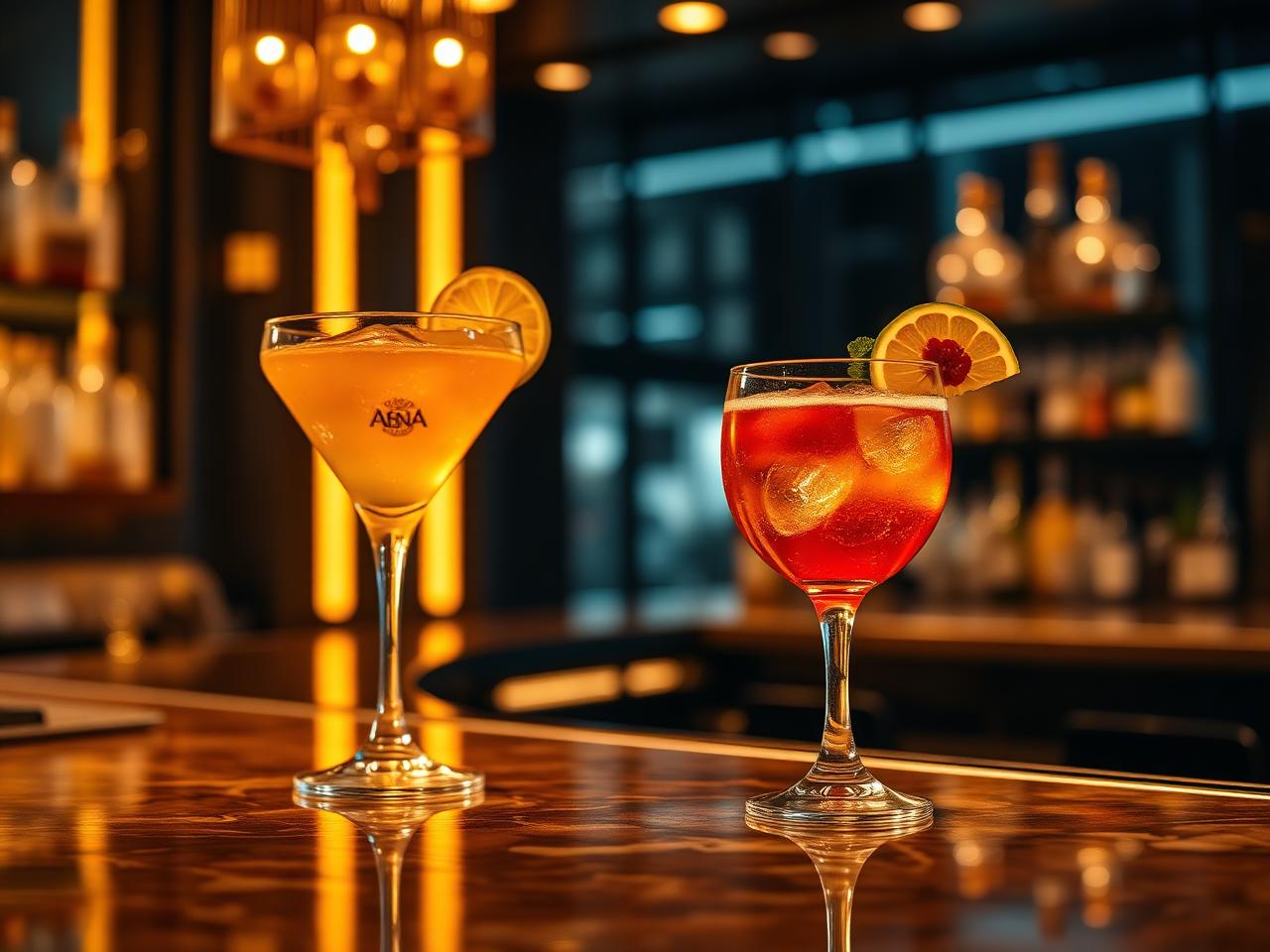 Cocktails premium num balcão de bar elegante
